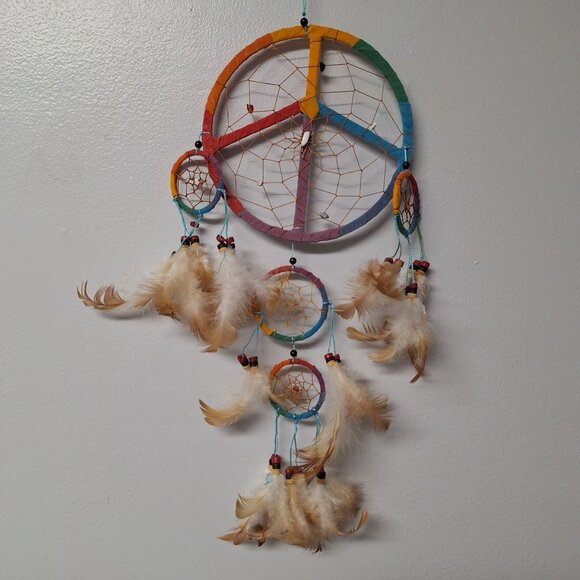 Peace Sign Rainbow Dreamcatcher‎ Feathers Beads Handmade Boho Native Traditions - Picture 1 of 10